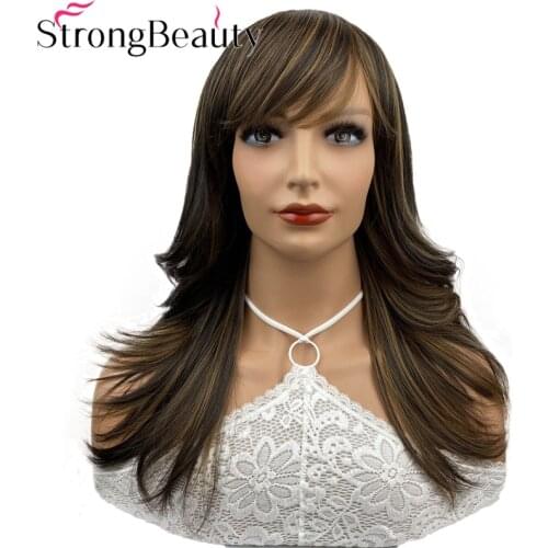 StrongBeauty Womens Wig Long Straight Layered Wig Brown with Blonde Highlights Synthetic Wigs