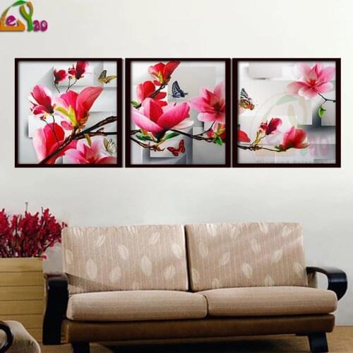 Diamond Embroidery Triptych Magnolia And butterflies Mosaic Full Square 5d Diy Diamond Painting Flower Cross Stitch Home Decor