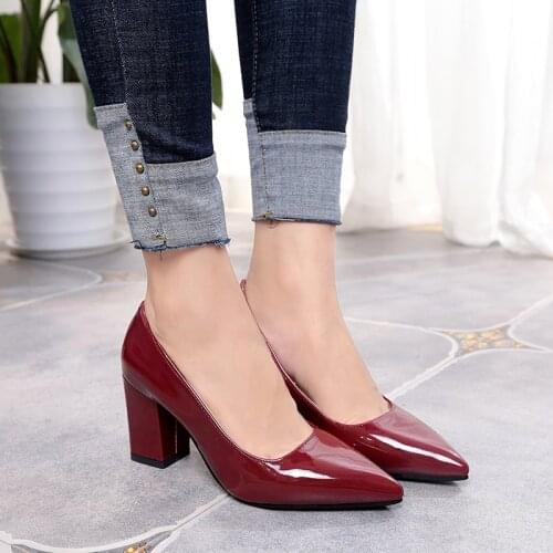 New Women Pumps Black High heels 7.5cm Lady Patent leather Thick with Autumn Pointed Single Shoes Female Sandals Big 35-43
