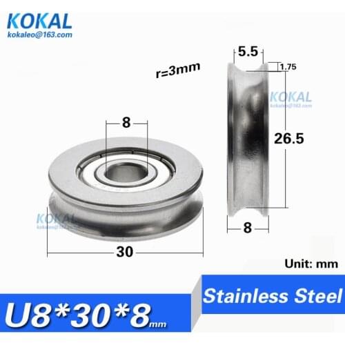 [U0830-8]10pcs/lot 30mm stainless steel track, groove U roller, 608 S608 stainless steel bearing, pulley guide wheel 8X30X8mm