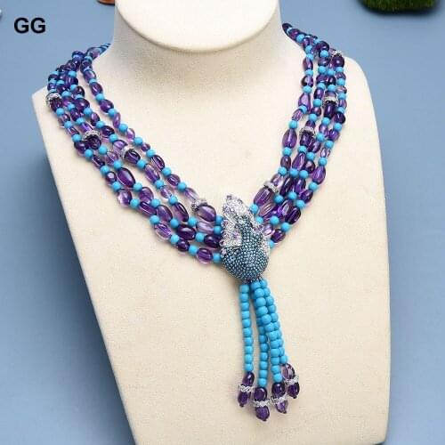 GG Jewelry 4Strands Natural Purple Amethyst Blue Turquoise Necklace Blue CZ Pave Peacock Pendant Handmade For Women