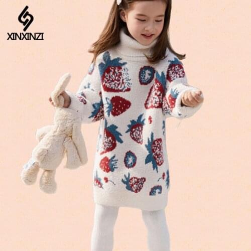 Girls high-neck strawberry sweater mid-length thick winter clothes new foreign style warm childrens knit XXZ085