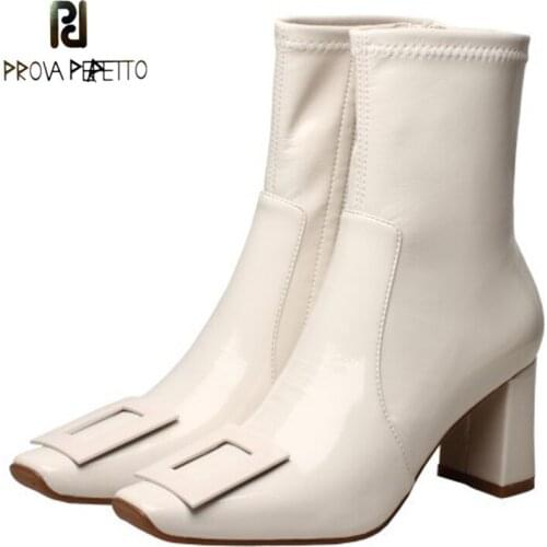 High Heel Short Boots Temperament Fashion Square Buckle Side Zipper Square Toe Patent Leather Thick Heel Stretch Boots Women