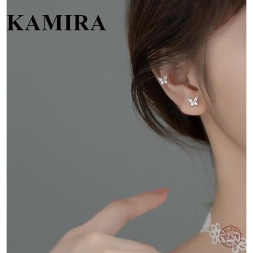 KAMIRA Real 925 Sterling Silver Romantic Mini Butterfly White Zircon Stud Earrings for Women Charms Wedding Pierced Jewelry Gift