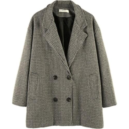 Vintage Houndstooth Womens Blazers Coats 2021 New Arrivals Spring Female Overcoats Thick Warm Loose Oversize Ladies Outerwear