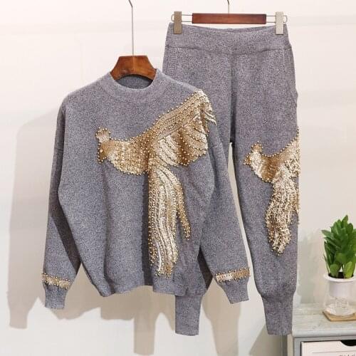 Fashion Sequin Embroidery knitted Sweater Women Set Autumn Winter Long Sleeve Tracksuit + 2 Piece Set women pants Sweater G375