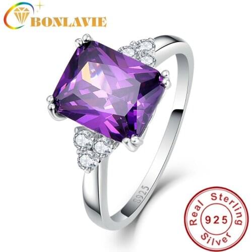 Vintage Jewelry 5.25ct Amethyst 925 Sterling Silver Ring emerald Cut Purple Nature stone Women Wedding Anel Aneis Gemstone Rings