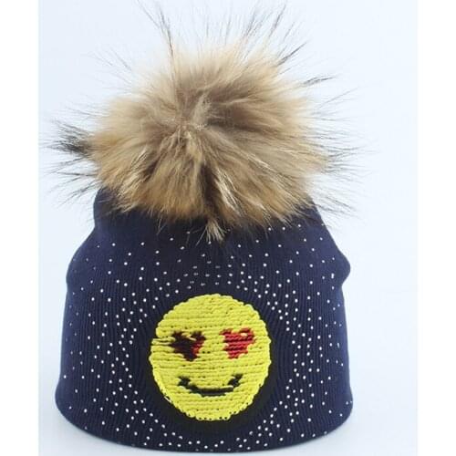 Kid Girl Boy Winter Knit Hat Autumn Beanie Real Raccoon Fur Pom Pom Warm Cotton Brim Casual Smile Bling Outdoor Skiing Accessory