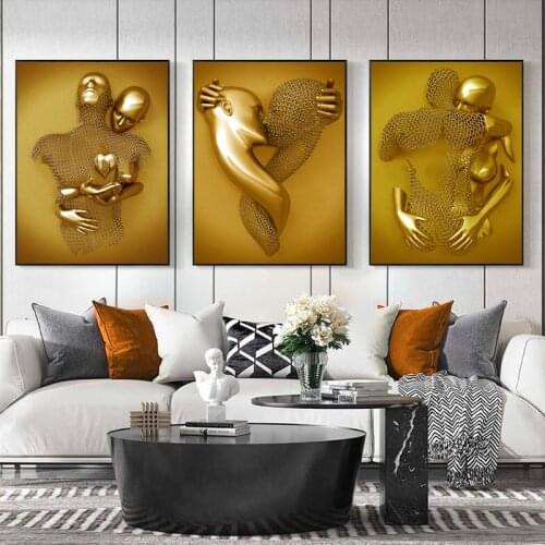 Golden Metal Figure Statue Art Canvas Painting Romantic Lovers Posters and Prints Wall Art Pictures Modern Living Room Decor