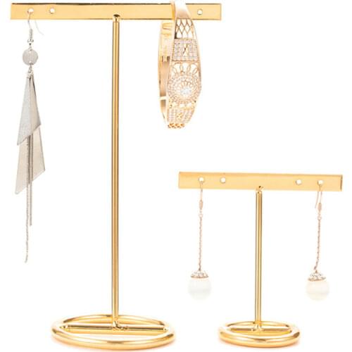 2 Pcs Golden Metal T Shaped Earring Organizer Jewelry Holder Stand Ear Stud Display Rack Rustic Tray for Bracelet Necklace Ring