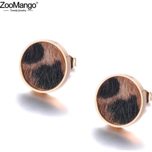 ZooMango Leopard Print Horse Hair Pasted Round Stud Earrings Rose Gold Stainless Steel Earrings Jewelry For Women Girls ZE19022