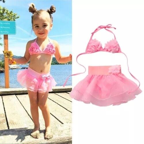 2020 Kid Baby Girls Swimsuit Princess Girl Child Floral Sweet Pink Gauze Swimsuit Bikini Bathing Suit Set