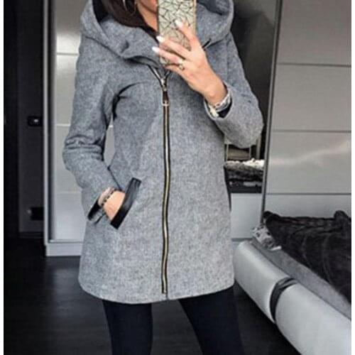 2020 Autumn Winter Plus Size Fashion Women Coat Solid Color Zip Up Long Sleeve Hooded Jacket Coat Outerwear Long Section