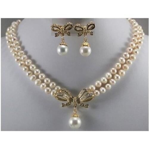 3 colors can choose hot Charming 2 Row 7-8mm Pearl Necklace Flower Pendant Earrings Set(akk941)