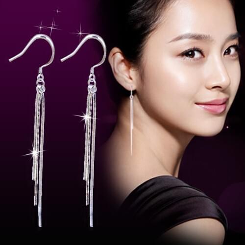 Free Shipping Fashion Luxury Jewelry Wholesale Silver Plated Three-Wire Tassel Hook Super Long Dangle Earrings for women