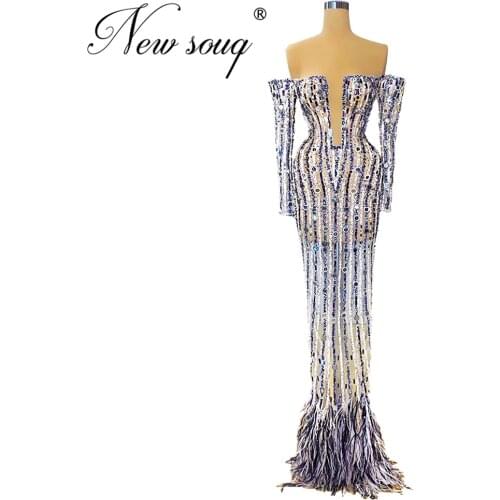 Sparkly Crystals Evening Gowns 2020 Women Party Night Dress Robe De Soiree Longue Saudi Arabic Elegant Beaded Prom Dress Feather