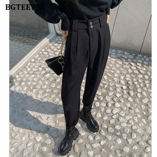 BGTEEVER Casual Chic Loose High Waist Female Harem Pants Spring Summer Ladies Double Button Trousers 2021 Women Solid Suit Pants
