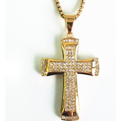 Dropshipping Cross jesus full rhinestone Pendant Necklace For Men Gold color Stainless Steel Necklace Hip Hop Jewelry