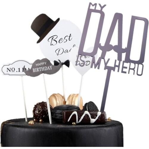 Give Father a Gift Bow Tie DAD Cake Topper Gold Acrylic Fathers Day Happy Birthday Cake Flag Wite Photo Frame Baking Supplies