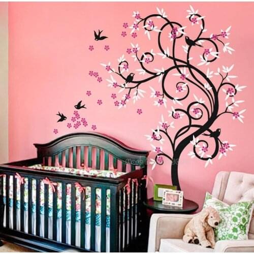 Baby Nursery Tree Wall Decals Blossom With Birds Wall Art Mural Decor Vinyl Wall Stickers For Kids Room Vinyl Wall Tattoo LL2334