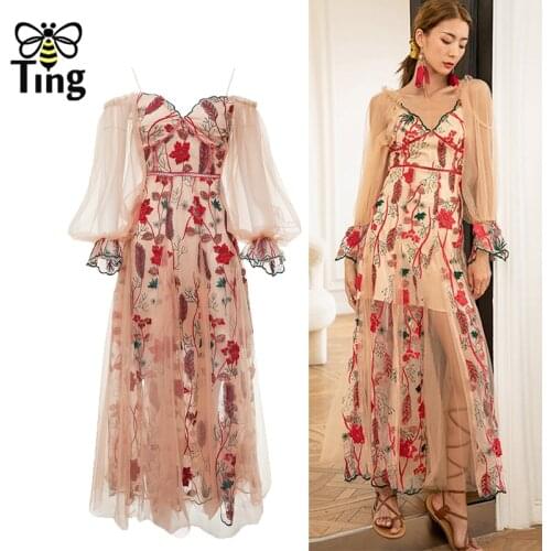 Tingfly Designer Fashion Flower Embroidery Lantern Sleeve Sheer Long Party Dresses Summer Exotic Goblincore Vestidos Robes Traf