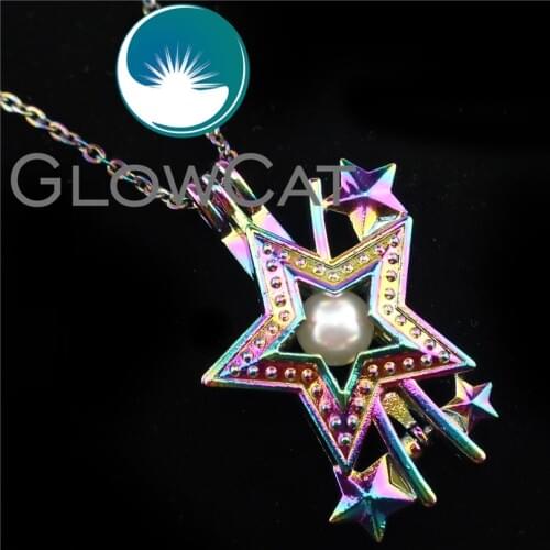 GLOWCAT R-C610 Rainbow Color Large Star Beads Cage Pendant Perfume Diffuser Aroma Stone Pearl Cage Locket Necklace