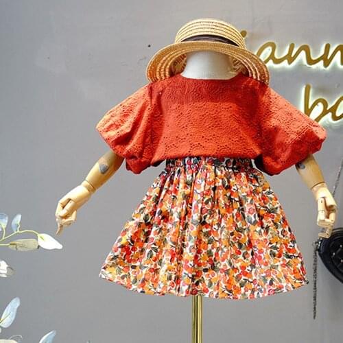 Summer Girls Princess 2PCS Clothes Set Baby Kids Children Batwing Short Sleeve Lace T-shirt+Flora Pleated Skirt Outfit S12163
