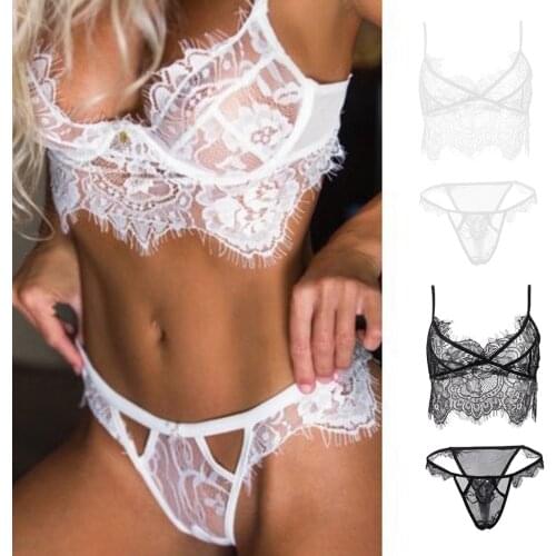 2 Pieces Women Sexy Lace Lingerie Set Sheer Lace Bra and G-String Thong Underwear Large Size 3XL