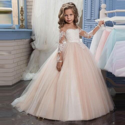 2018 Champagne Lace Flower Girl Dress Weddings Long Sleeves Ball Gown Kids First Communion Dresses Pageant Gown Vestidos 0-12Y