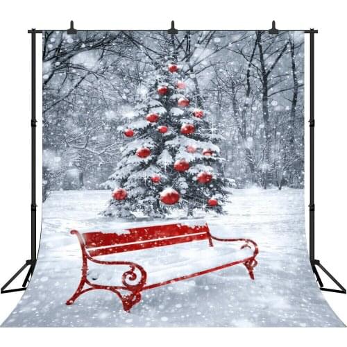 Lyavshi Photographic Backdrop for Studio Cartoon Winter Park Red Bench Snow Christmas Forest Photocall Photobooth Background