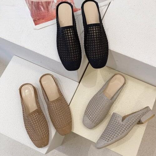 Knit Mesh Breathable High heels Mules slippers women 2021 summer shoes women square Toe Fashion crystal ladies shoes vc447