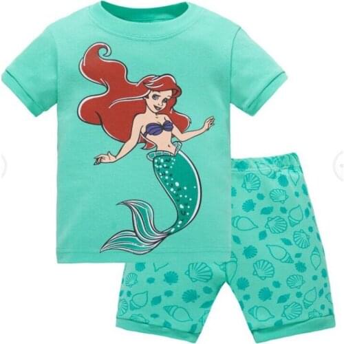New Girls Summer Pure Cotton Childrens Short Sleeve Mermaid Pajamas Home Clothing Childrens Cartoon Clothing Suit
