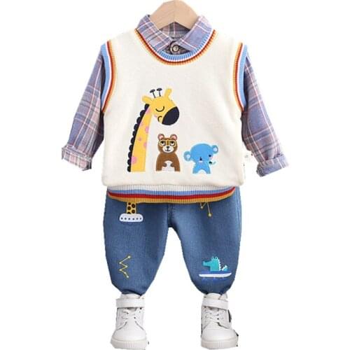 Autumn Clothes Baby Boy Cotton Children Lattice Shirts Cartoon Vest Pants 3Pcs/sets Outfit Kid Fashion Toddler Casual Tracksuits