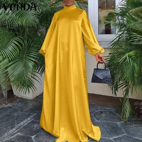 VONDA Satin Slik Dress Women Long Sleeve Casual Mock Neck Maxi Dresses Bohemian Vestidos Party Robe Oversized Beach Sundress