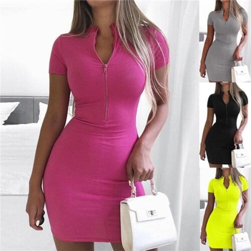 Drop Shipping Fashion Women Sexy Solid Color Zipper V-Neck Short Sleeve Mini Dress vestido de mujer Summer Dress