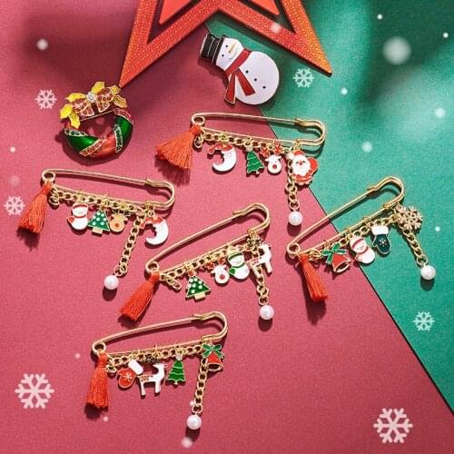 SHUANGR Christmas Brooch Pins Rhinestone Enamel Tree Bell Santa Claus Snowman Wreath Brooches For Women Party Jewelry Gift