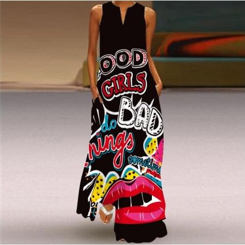 Fashion Style Vintage Printing Women Sundress 2021 Summer V-neck Sleeveless Long Dress Elegant Ladies Maxi Dresses Plus Size 5XL