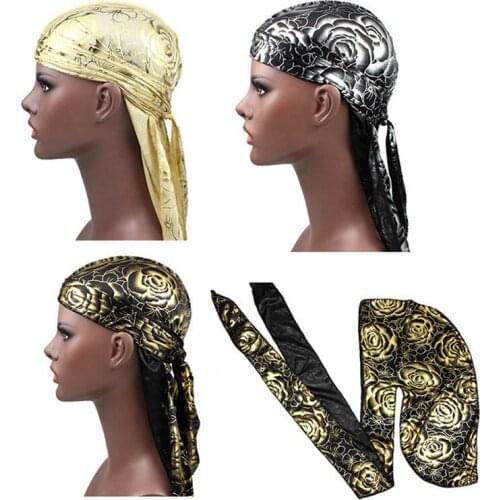 Custom Mens Print Silky Durags Turban Hat Bandanas Headwear Rose Printed Men Silk Durag Long Straps Waves Hair Accessories