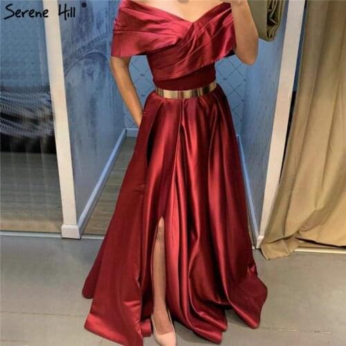 Wine Red Off Shoulder Simple Evening Dresses 2021 Soft Satin Short Sleeve A-Line Formal Dress Serene Hill LA70384