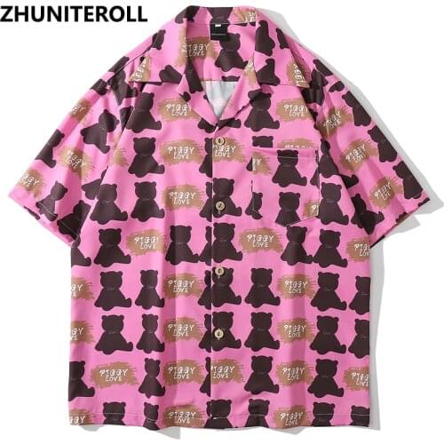 Vintage Hawaiian Blouse Hip Hop Streetwear Bear Graphics Print Short Sleeve 2021 Fashion Casual Shirts Harajuku Men Summer Tops