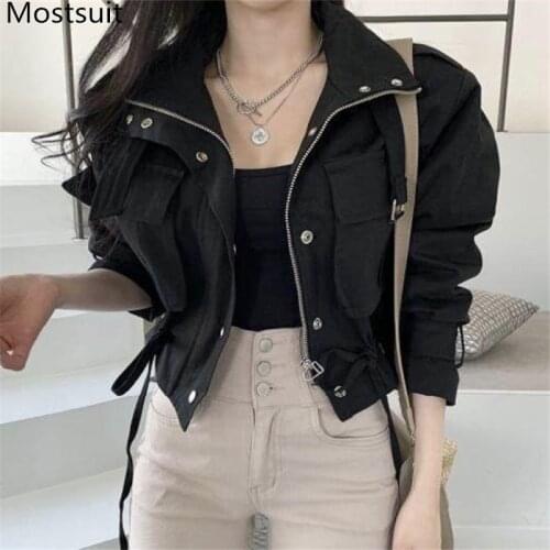 Korean Casual Fashion Women Jacket Coat 2021 Spring Zip-up Pockets Drawstring Short Tops Streetwear Female Stylish Jacket Femme