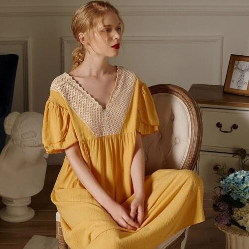 Wasteheart Yellow Blue Women Homewear Sexy Sleepwear Night Dress Long Lace V Neck Nightwear Nightgown Sleepwear Court Gown