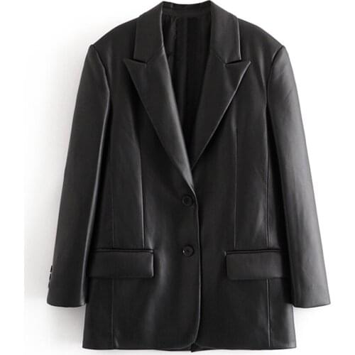Imitation Leather Loose Casual Blazer 2021 Autumn Womens New Style Lapel Long-Sleeved Long-Sleeved Back Hem, Split-Breasted