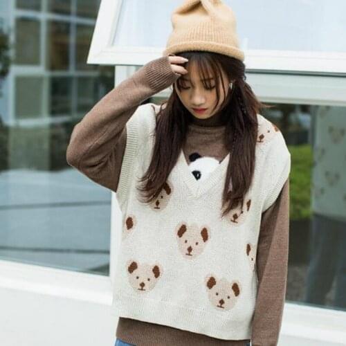 Knitted Bear Sweater Vest Women 2021 Winter Cartoon Kawaii Sweater V Neck Sleeveless Loose Female Chic Warm Tops Girls Outwears