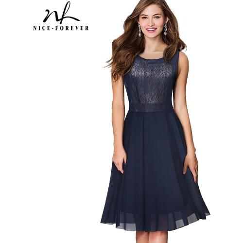 Nice-forever Summer Pure Color Mesh Lace Patchwork Dresses Retro Flared Party Women Dress A031