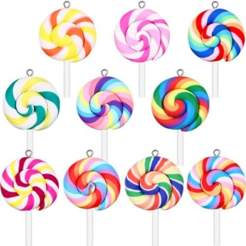 100Pcs Colorful Lollipops Clay Pendant Charms Big Size Rainbow Swirl Lollipop Candy Embellishment for DIY Craft Supplies X4YA
