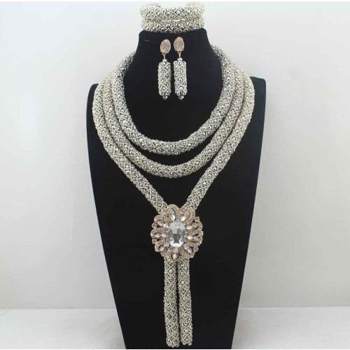 2017 Elegant Silve Crystal African beads Jewelry Set Handmade nigerian wedding beads Bridal Jewelry Free Shipping W14024