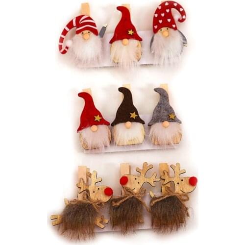9pcs Christmas Swedish Gnome Elk Decoration Wooden Clips DIY Photo Paper Clothes