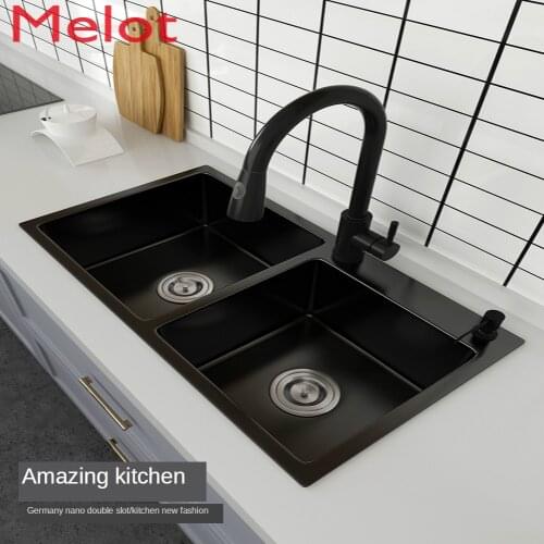 Black Nano Sink Double Groove Kitchen Vegetable Basin 304 Stainless Steel Handmade Home Sink Package