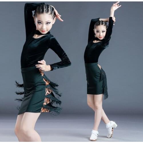 Childrens Latin Dance dress Ballroom leopard tassel girls Tango split practice clothes rumba Samba skirt performance Constume